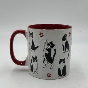 Tuxedo Cat Kitty Lover Red Coffee Mug Playful Poses Paw Prints Red Inside Meow